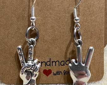 Peace Hand Dangle Earrings: Hypoallergenic Music Jewellery, gift for her. Music gift. Music lovers earrings. Rock music