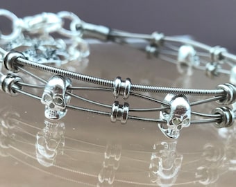 Guitar string bracelet, skull bracelet, guitar gift, musicians gift, music lovers gift, guitarist gift, gift for her