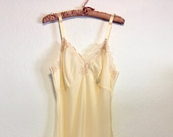 50s MediumLarge Cream Lingerie Slip Dress with Lace and Pleated Hem