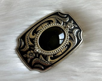 Vintage Silver & Black Gemstone Belt Buckle, Western Style Belt Buckle, Black Onyx / Black Obsidian Crystal, Silver Belts