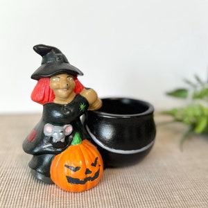Vintage 1988 Halloween Witch & Cauldron Painted Pottery Figurine, 1980s Halloween Decor, Witches Brew Jack-o-lantern Ceramic Dish