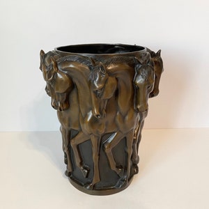 Antique 19th-Century Aug Moreau SIGNED Bronze Horse Art Nouveau Vase, 8 Prancing Horses Sculpture Statue Art, Equestrian Home Decor