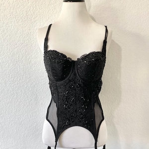 Vintage Rare 2001 Victoria’s Secret Beaded Lace Bustier, Push-up Corset Bustier Top 34D, Black Mesh & Lace Lingerie/Intimates/Bras