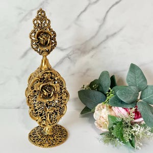 Vintage 1960s Gold Roses Hollywood Regency Atomizer Perfume Holder, Ormolu Vanity Perfume Bottle Clear Glass, Vanity Home & Bathroom Decor