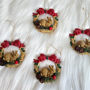 Vintage 1990s Woodland Collection Rabbit Wreath Ornaments Red Bow Detail, Silvestri Dean Griff Christmas Tree Ornaments, Holiday Home Decor
