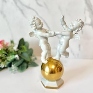 Vintage Cherubs on Gold Sphere Glazed Porcelain Statue, Angels on a Ball German Made Statues, Baroque/Rococo Decor, Carl Scheidig Gräfenthal