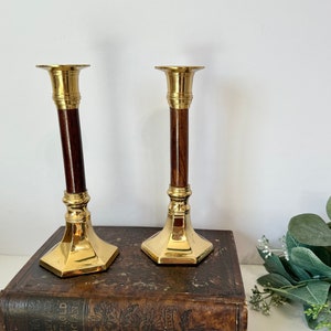 Vintage Brass & Wood Candlestick Holder Pair, Vintage Brass Home Decor, Taper Candle Holders, Mid Century Home