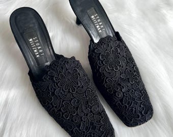Vintage 90s Stuart Weitzman Black Embroidered Lace Kitten Heels, Black Leather Mule  Pumps Square Toe, Narrow Size 10 Women's Shoes
