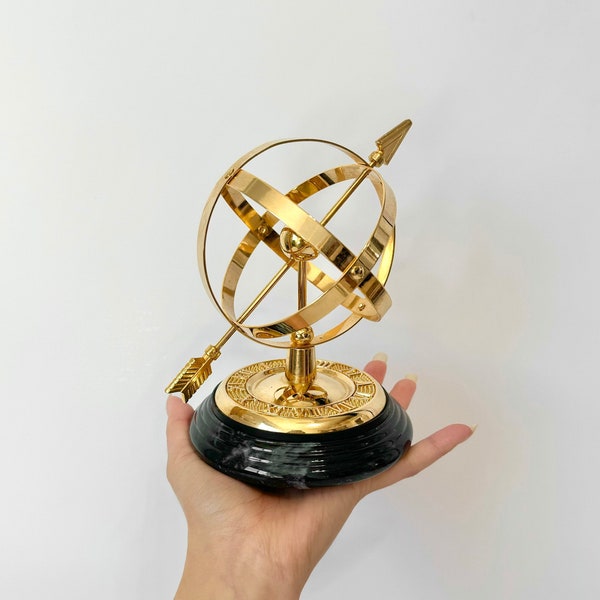 Brass Armillary Sphere and Arrow Marble Base, Vintage Brass & Marble Paperweight, Library/Office Decor, Brass Atomic Nucleus