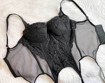 Vintage Rare 2001 Victoria’s Secret Beaded Lace Bustier, Push-up Corset Bustier Top 34D, Black Mesh & Lace Lingerie/Intimates/Bras