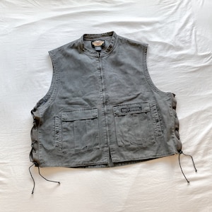 Vintage Harley Davidson Gray Vest, Cotton Canvas Vest Lace-Up Sides Multi-Pocket Utility Vest, Biker/Moto Vest, Motorcycle Jackets/Vests XXL