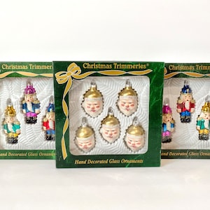 Vintage 1990s Christmas Trimmeries by Bradford Hand Decorated Glass Christmas Ornaments, Gold Santa Claus & Nutcracker Ornaments in Box