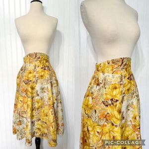 Vintage 50s/60s Yellow Floral Midi Skirt, Handmade Skirts Autumnal Flowers, Retro A-Line Skirt Zipper & Pockets Women&#39;s XS