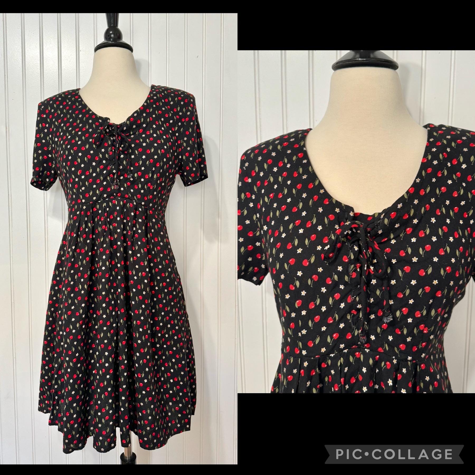 Antaina Vintage Black Cherry Print 50s Swing Dress - Knee Length Skater Style