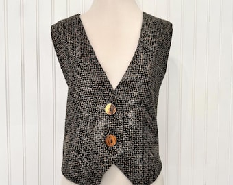 Vintage 90s Coldwater Creek Vest, Tweed Style Vest Black/Brown Front Buttons, Women's Vests