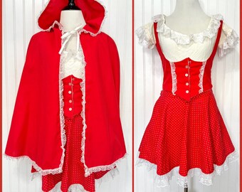 Vintage Handmade Little Red Riding Hood Costume, 7-Piece Set Women's Halloween Costume, Red Hooded Cloak/Cape, White Ruffle Lace Trim Top