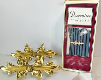 Vintage Gold Leaf Curtain Tie Backs, Pair of New in Box Decorative Lacquered Brass Curtain Pullbacks Made in India, Living Room/Bedroom