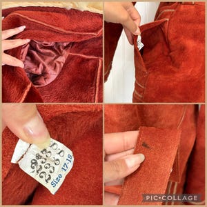 May include: A collage of images showcasing a rust-colored suede jacket. The jacket features a plush, fur-like lining and a pocket detail. A tag indicates a size of 17-18. The jacket's texture and construction are highlighted in the close-up shots.