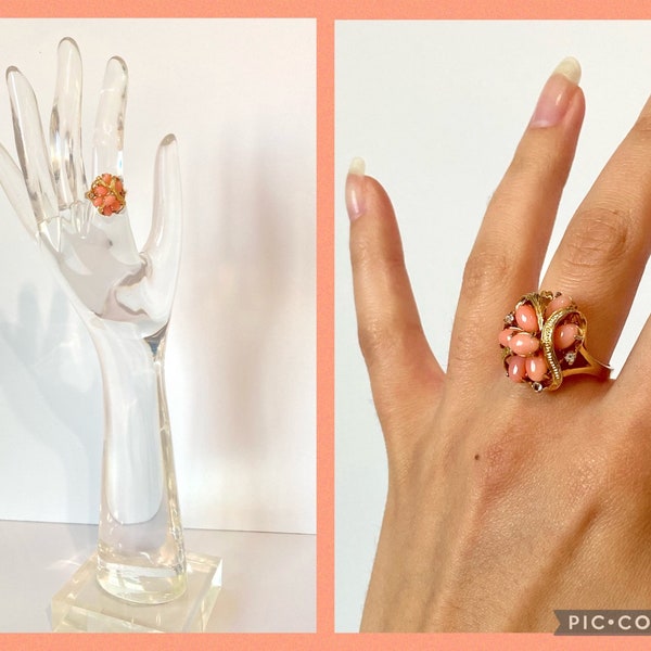 Vintage Pink Coral Cluster Gold Ring with Crystal Diamond Rhinestones, Vintage Costume Jewelry, Gold Rings & Jewelry