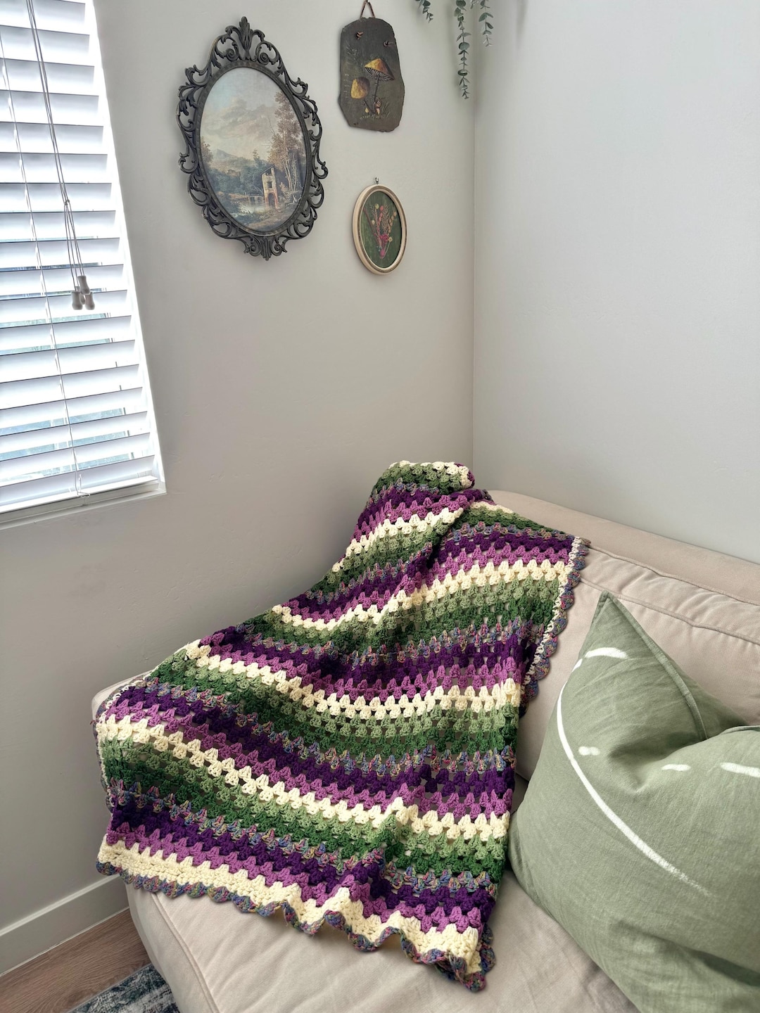 Vintage Purple & Green Crochet Knit Throw Blanket, Handmade Crocheted ...