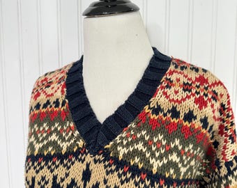 Vintage 90s/y2k Abercrombie & Fitch Knit Sweater, Red/beige/navy