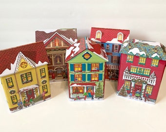 Vintage Harry London Fannie May Tins Christmas Winter Village Tin Set of 5, Original Box Snowy Tin Houses/Buildings Holiday Decor Chocolates