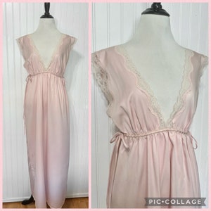 Vintage 80s Victoria&#39;s Secret Light Pink & Lace Tie Side Nightgown, Full-Length Slip Dress/Sleepwear Dress, Deep-V Neck Dress Empire Waist