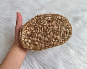 Vintage Japanese Beaded Clutch Wallet, Beaded Belt Bag, Mid-Century Modern Oval Belt Pouch, Accessories/Belt Bags