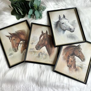 May include: Five framed horse art prints. The prints feature detailed portraits of horses in various poses and settings. The frames are black with a gold inner border. The artwork is displayed on a white, textured surface.
