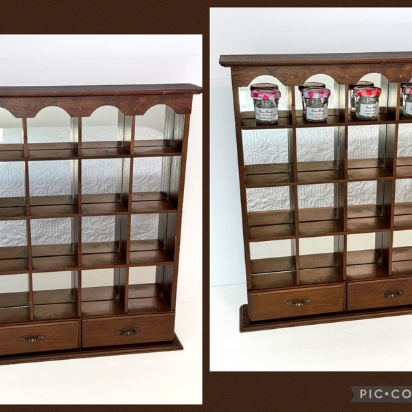 Vintage Wood Knick Knack Display Cabinet, Vintage Shelving/Organization Wall Decor, 16 Box Display Cabinet Mirror Backing, Curio Cabinet