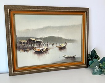 Vintage Vincent Signed Original Mid-Century Oil Painting Chinese Junk Boat Sailing, Louie's Arts & Crafts Co. Hong Kong 12"x16"