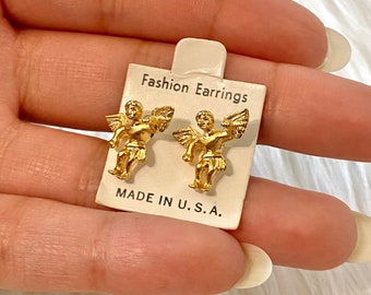 Vintage 90s Gold Cherub Angel Stud Earrings, Vintage Gold Jewelry / Gold Earrings, Made in the USA Earrings/Jewelry