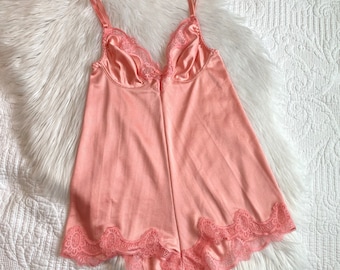 Vintage 1980s Warner Salmon Pink Teddy, Pink Nylon & Lace Lingerie Made in the UK, Women's Intimates/Bras/Slips