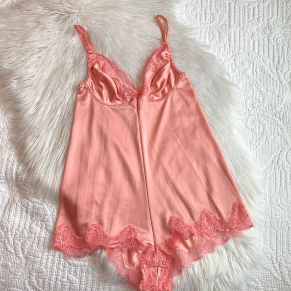 Vintage 1980s Warner Salmon Pink Teddy, Pink Nylon & Lace Lingerie