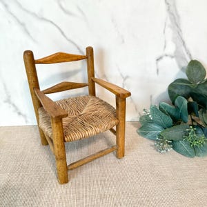 Vintage Rustic Wooden Mini Doll Chair with Rush Seat, Collectible Doll/Bear Chair, Farmhouse Cottage Plant Stands