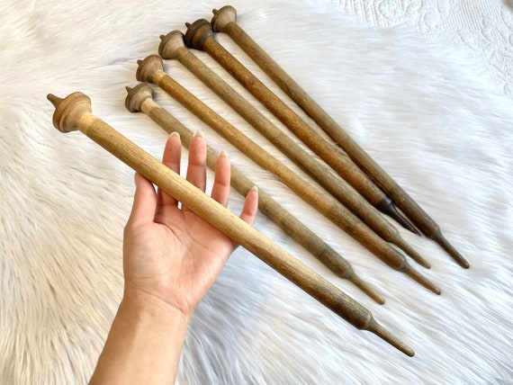 Vintage Set of 6 Wooden Spinning Needles, Antique Knitting Needles