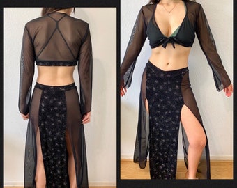 Vintage 90s Shirley of Hollywood 2-Piece Mesh Matching Set, Crop Top & Maxi Skirt Mesh Sheer Two-Piece Set, Rave/Whimsygoth/Witchcore Style