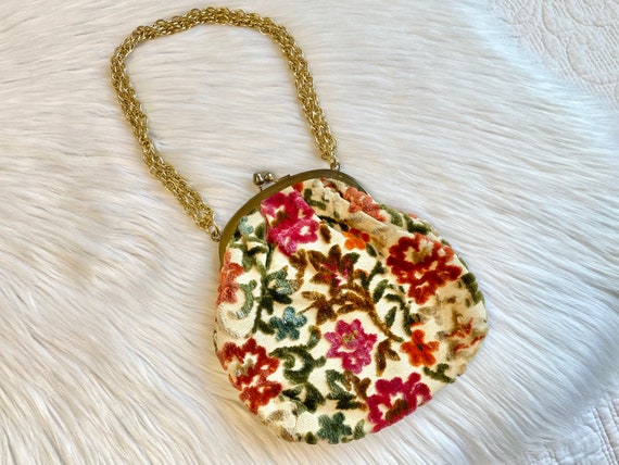 Vintage Carpet Tapestry Bag Purse Chenille 1960s Floral 