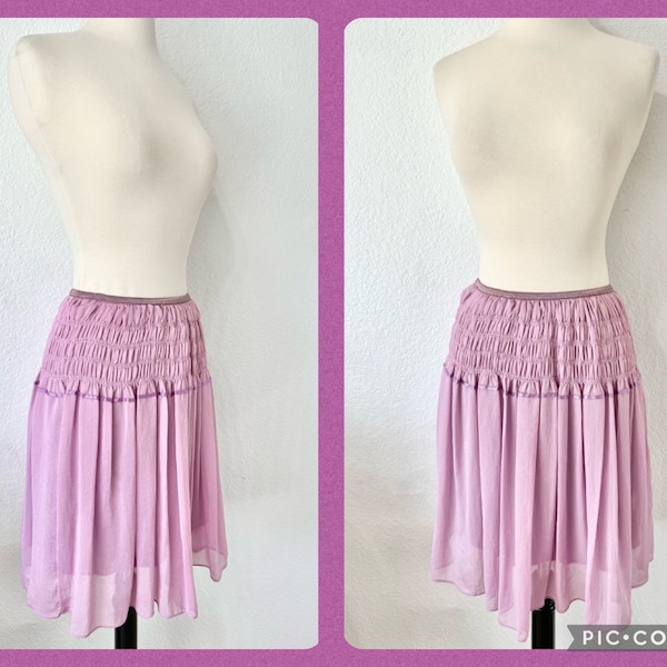 Vintage French Lilac Chiffon Skirt, DD Morris Paris Knee-Length Skirt, Pleated Smocked Skirt