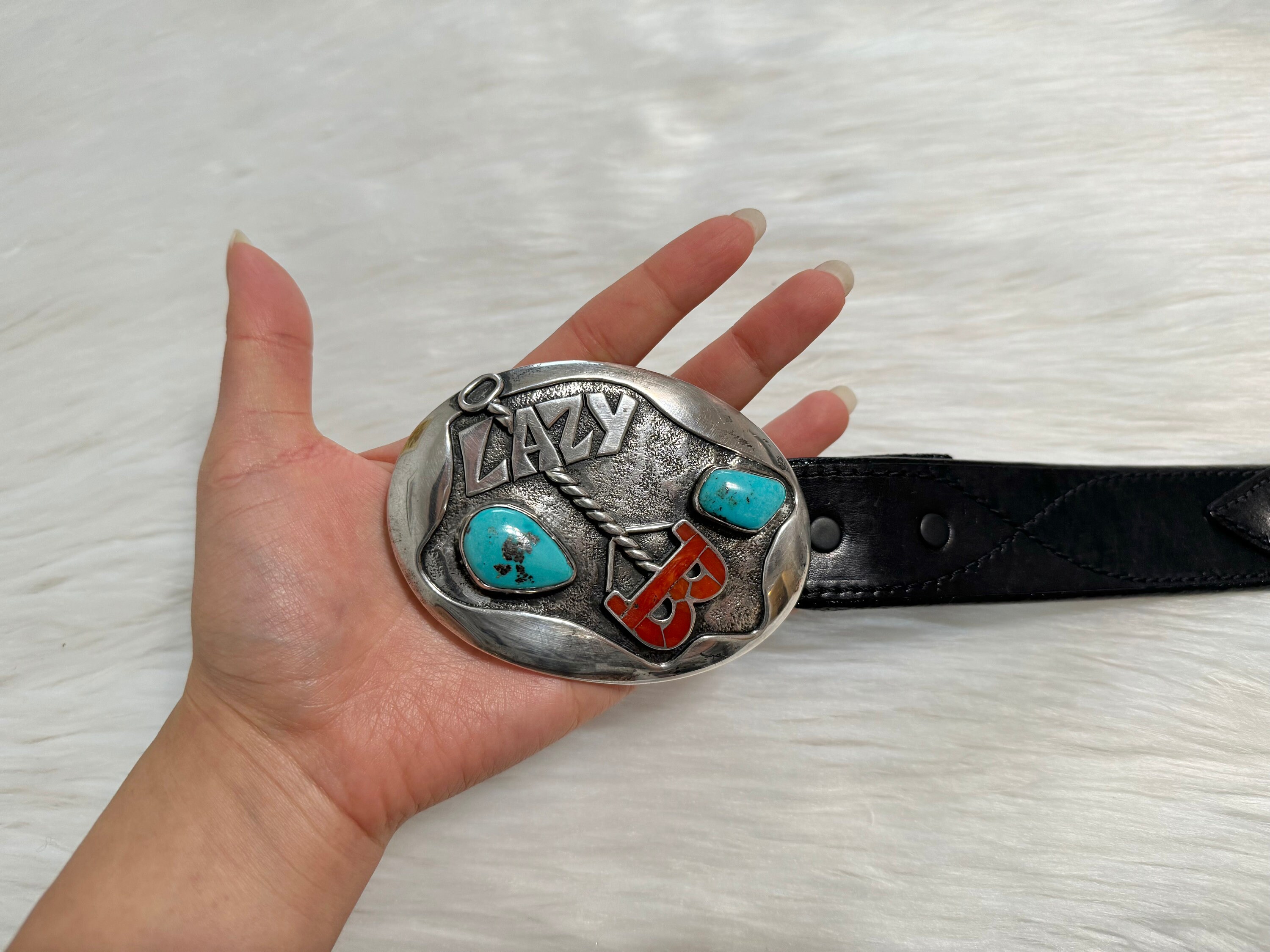 Turquoise and Coral Leather Belt Vintage 70 main image 4