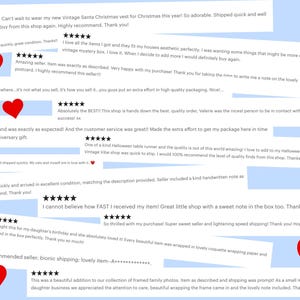 May include: A collage of multiple five-star customer reviews displayed on a light blue background, interspersed with several bright red heart icons. The text consists of various positive testimonials regarding shop experiences, packaging, and item quality.