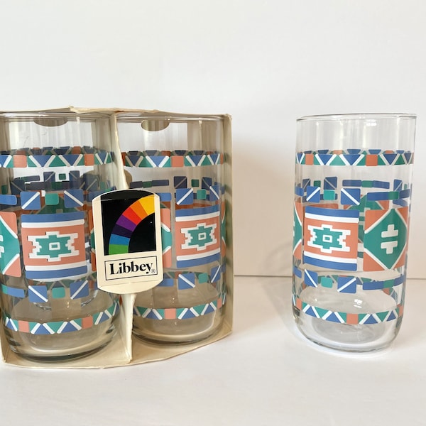 Vintage 80s Libbey Glassware Southwestern Geometric Pastel Design, New in Box Set of 4 Tall Glass Cups Tumblers, Vintage Barware & Drinkware