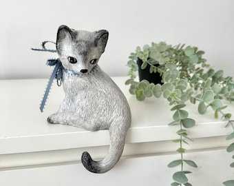 Vintage Sitting Kitten Ceramic Figurine, Gray/White Cat with Blue Ribbon Bow, Coquette Cat Figurines, Shelf Sitter Cat