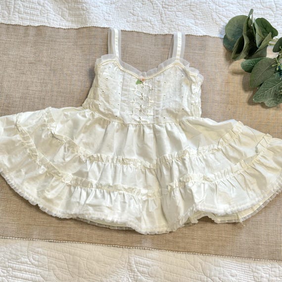 Vintage 1950s White Cotton Baby Dress, Ruffle Embroidered Circle Skirt Dress, Stoneswear South Carolina Toddler Size 2 View 2