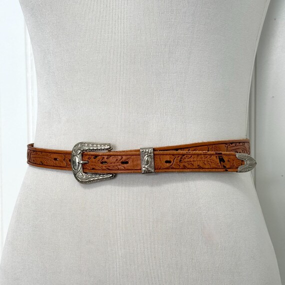 Vintage 1970s Tooled Leather Tan Belt Acorn & Leaves Design Silver Buckle, Boho/Western Belts Chambers
