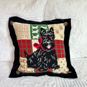 Vintage Black Scottie Dog Needlepoint Pillow, Scottish Terrier Collectibles & Home Decor