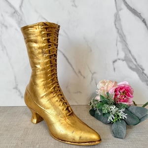 Vintage 1970s Gold Leaf Terracotta Victorian Boot Vase, 10&quot; Tall California Originals 14 kt. Gold Leaf Pottery Flower Vase, Victorian Shoe