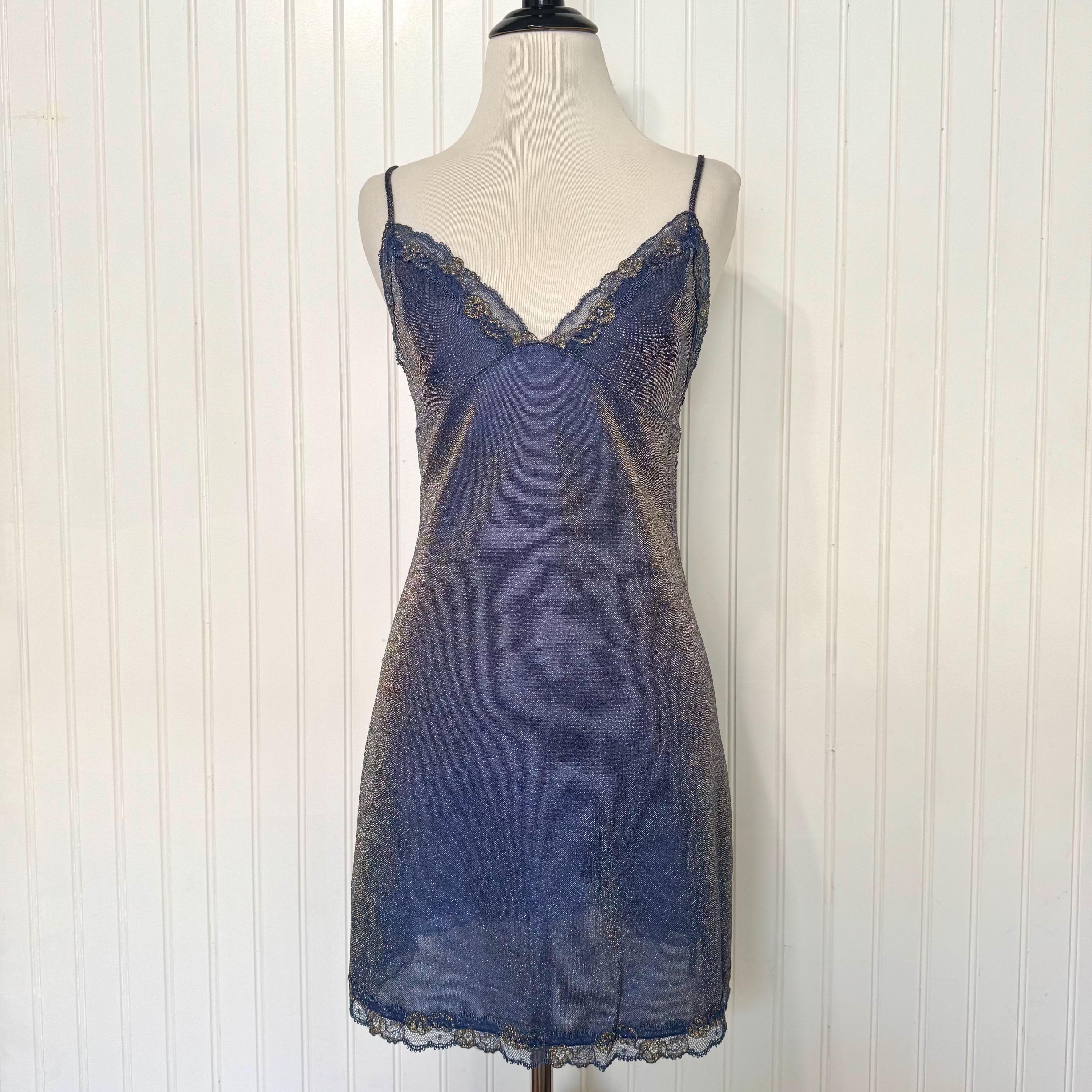 Vintage 2001 Victoria's Secret Blue Metallic Slip Dress, Midnight Blue Shimmer Mini Slip Dress, V-neck Lace Slip