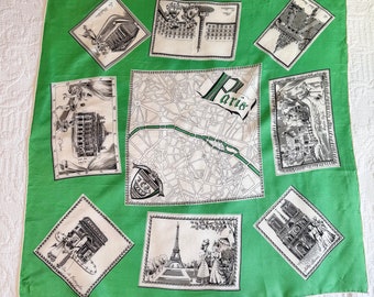 Vintage 1950s Paris Landmarks Silk Scarf, Paris France Tourist Souvenir Scarf, Green & White 29" Square Scarf