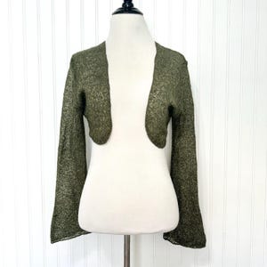 Vintage 90s/Y2k Long Sleeve Knit Bolero Moss Green with Metallic Thread, Women&#39;s Shrugs/Boleros, Superline USA Clothing, Cropped Cardigan